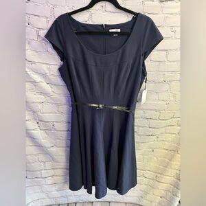 Calvin Klein Blue Paneled Cap Sleeve A-Line Knee Length Belted Dress NWT Size 12